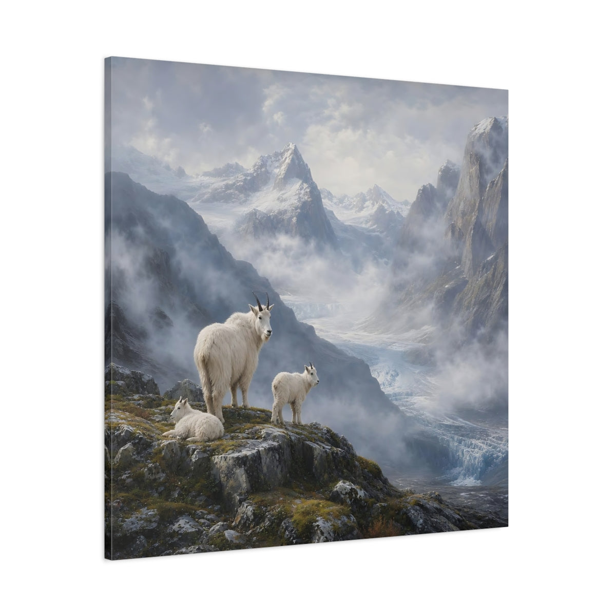 Side Mockup 1. Nature Mountain Goats White Mountain Goats shown as stretched canvas wall art