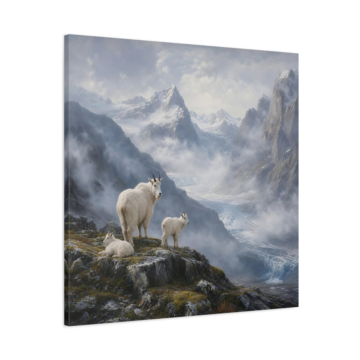 Main Mockup. Nature Mountain Goats White Mountain Goats shown as stretched canvas wall art