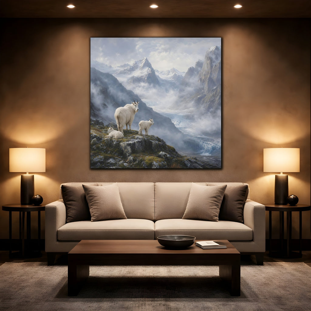 Mockup 2. Nature Mountain Goats White Mountain Goats shown as stretched canvas wall art