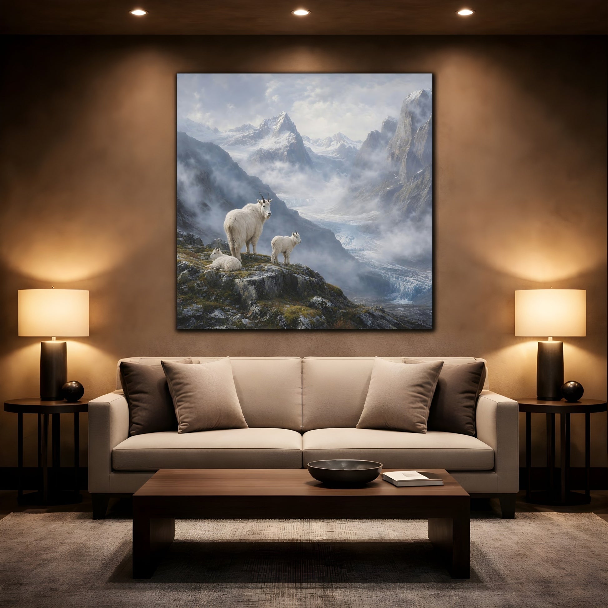 Mockup 2. Nature Mountain Goats White Mountain Goats shown as stretched canvas wall art