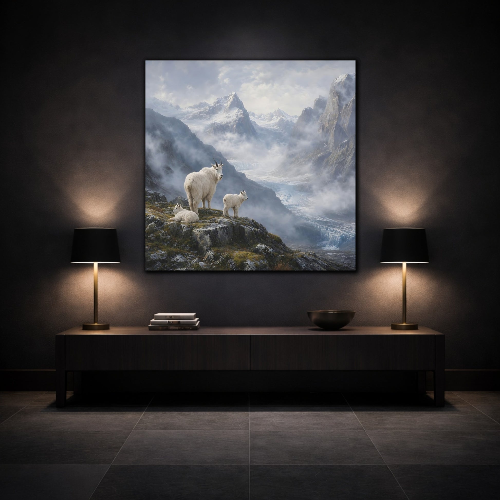 Mockup 3. Nature Mountain Goats White Mountain Goats shown as stretched canvas wall art