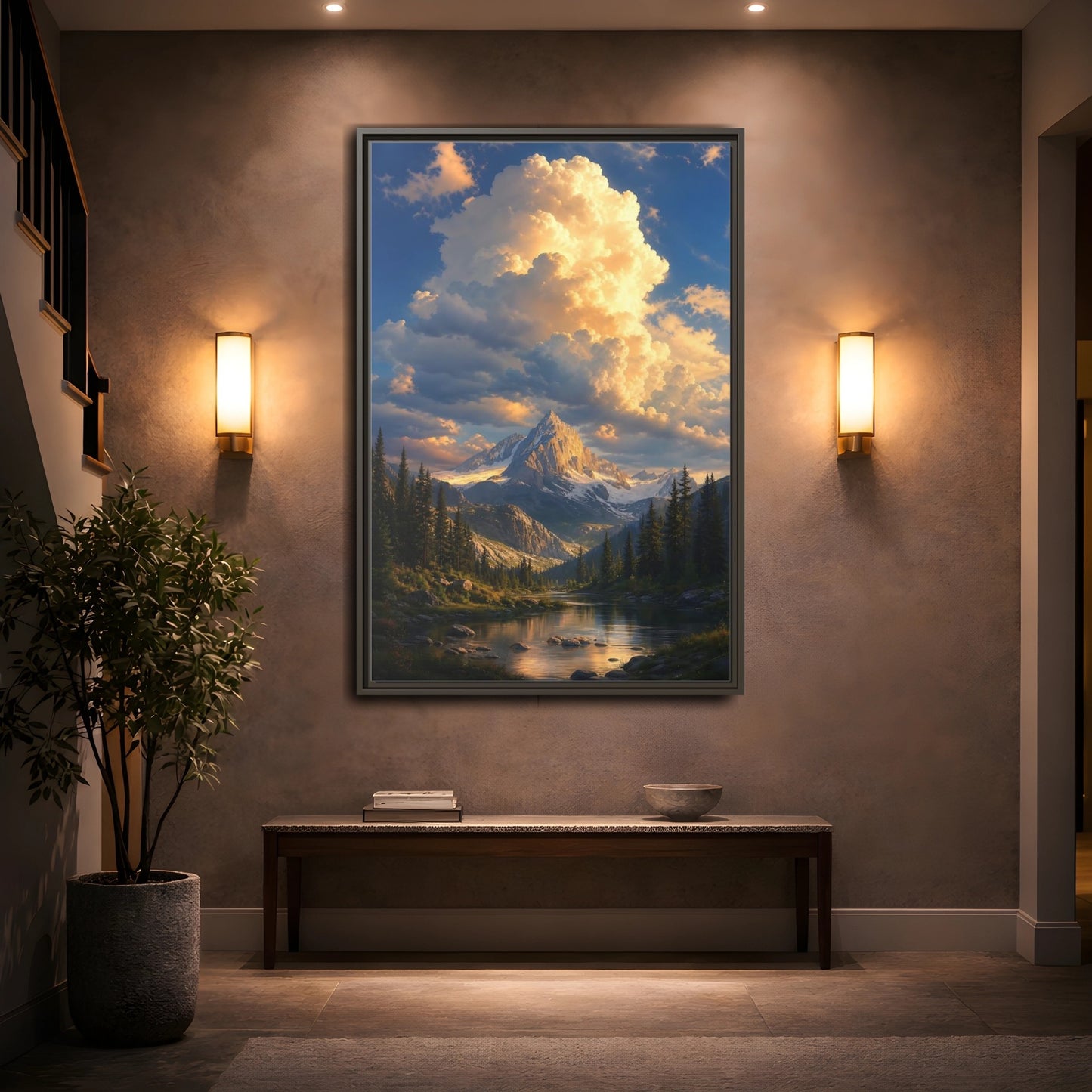 Nature Mountain Golden Hour Framed Canvas Wall Art - Realistic Decor for Living Room, Above Sofa shown as canvas wall art
