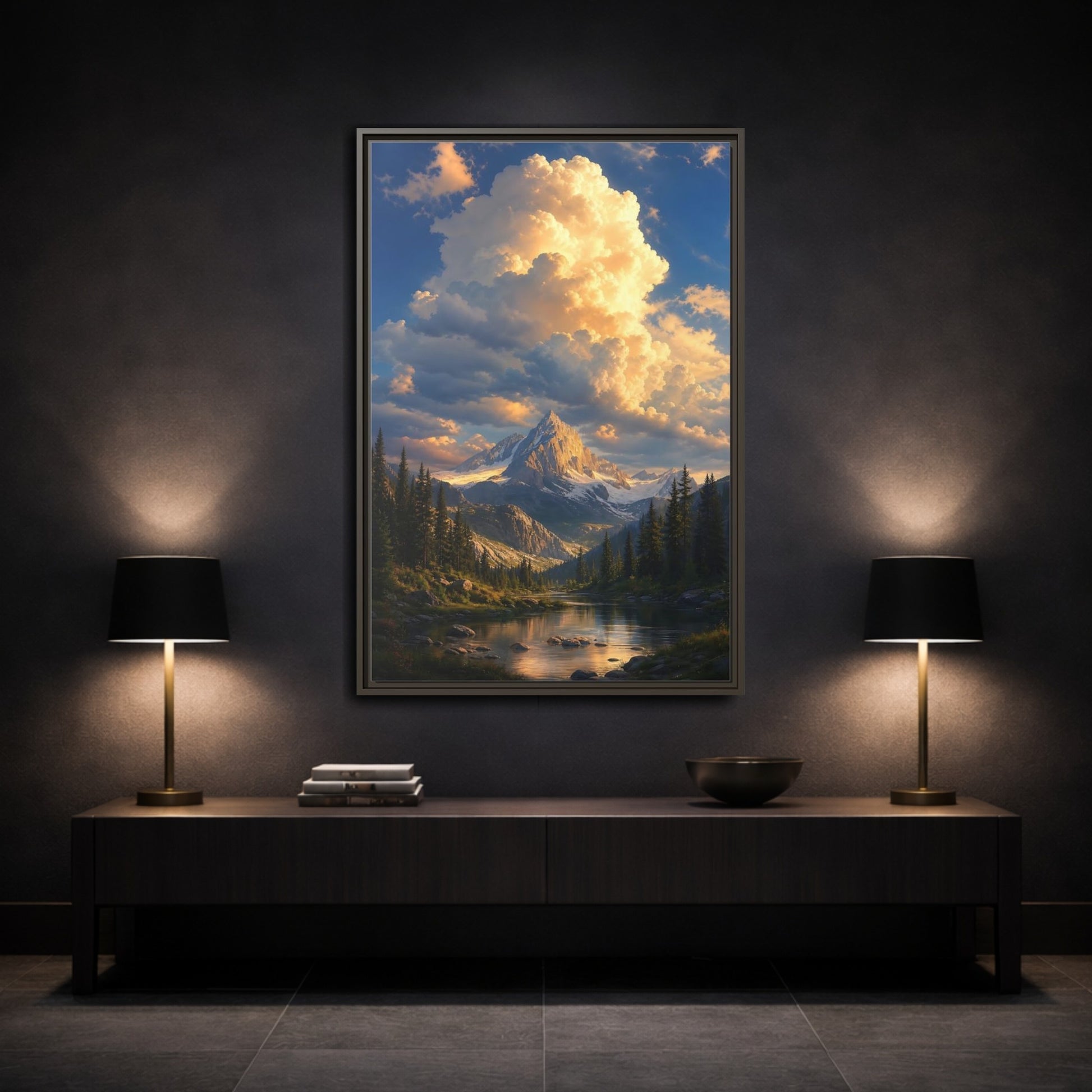 Nature Mountain Golden Hour Framed Canvas Wall Art - Realistic Decor for Living Room, Above Sofa shown as canvas wall art