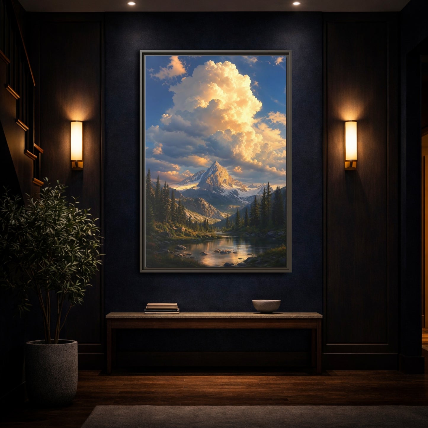 Nature Mountain Golden Hour Framed Canvas Wall Art - Realistic Decor for Living Room, Above Sofa shown as canvas wall art