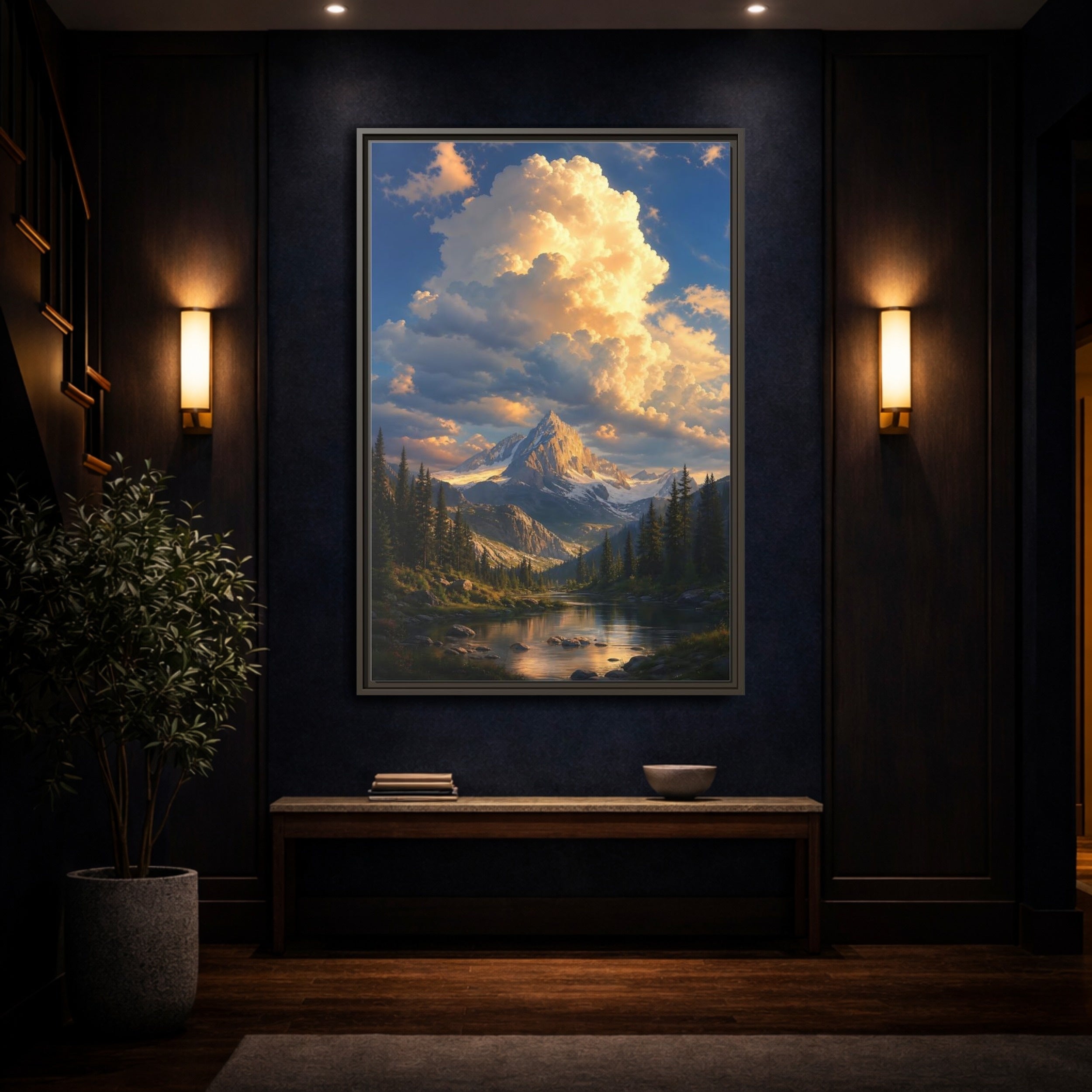 Mockup 4. Nature Mountain Golden Hour Mountain shown as stretched canvas wall art