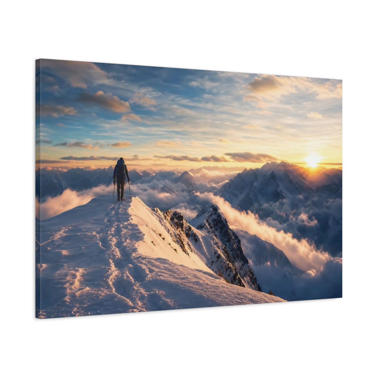 Main Mockup. Nature Mountain Hiker Winter Mountain Sunset shown as stretched canvas wall art