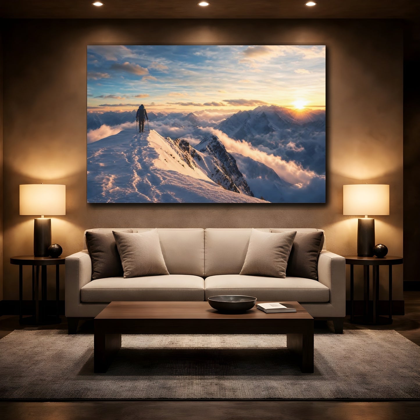 Mockup 2. Nature Mountain Hiker Winter Mountain Sunset shown as stretched canvas wall art