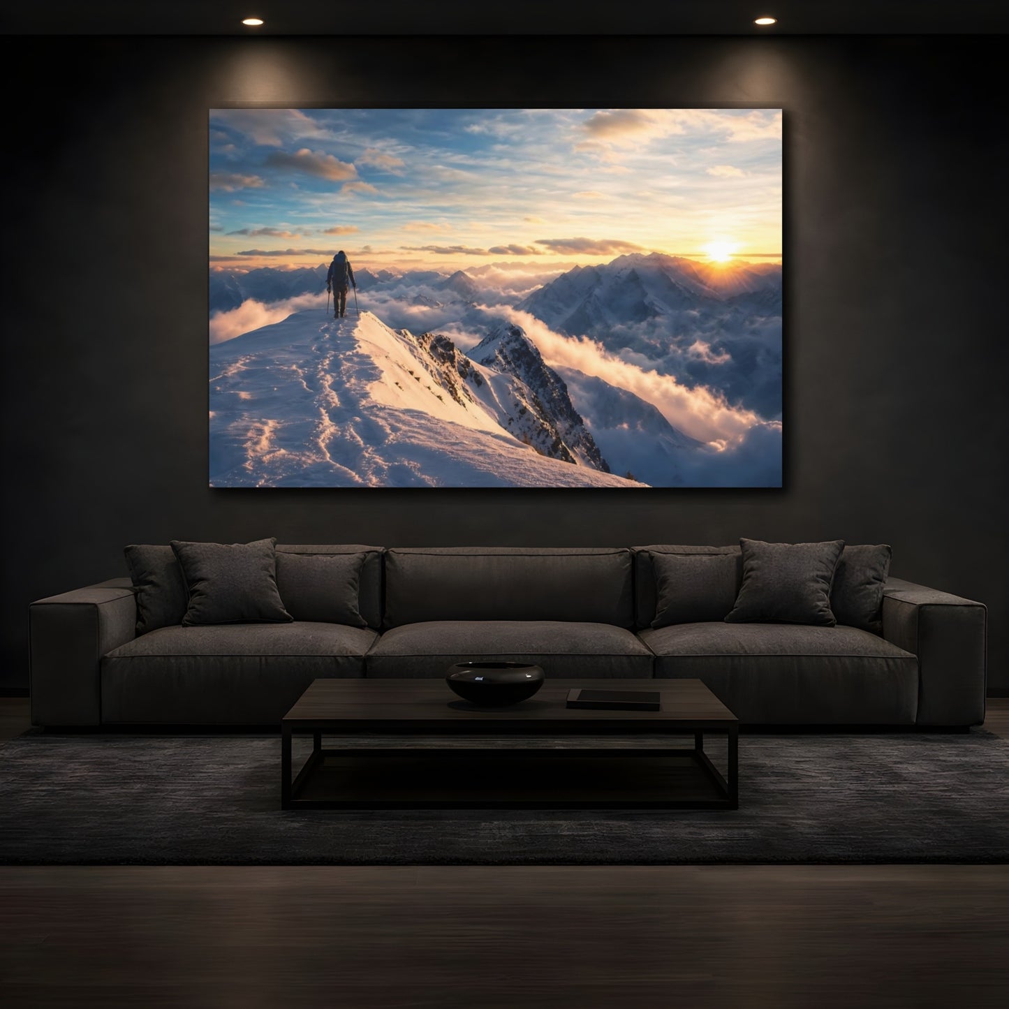 Mockup 3. Nature Mountain Hiker Winter Mountain Sunset shown as stretched canvas wall art