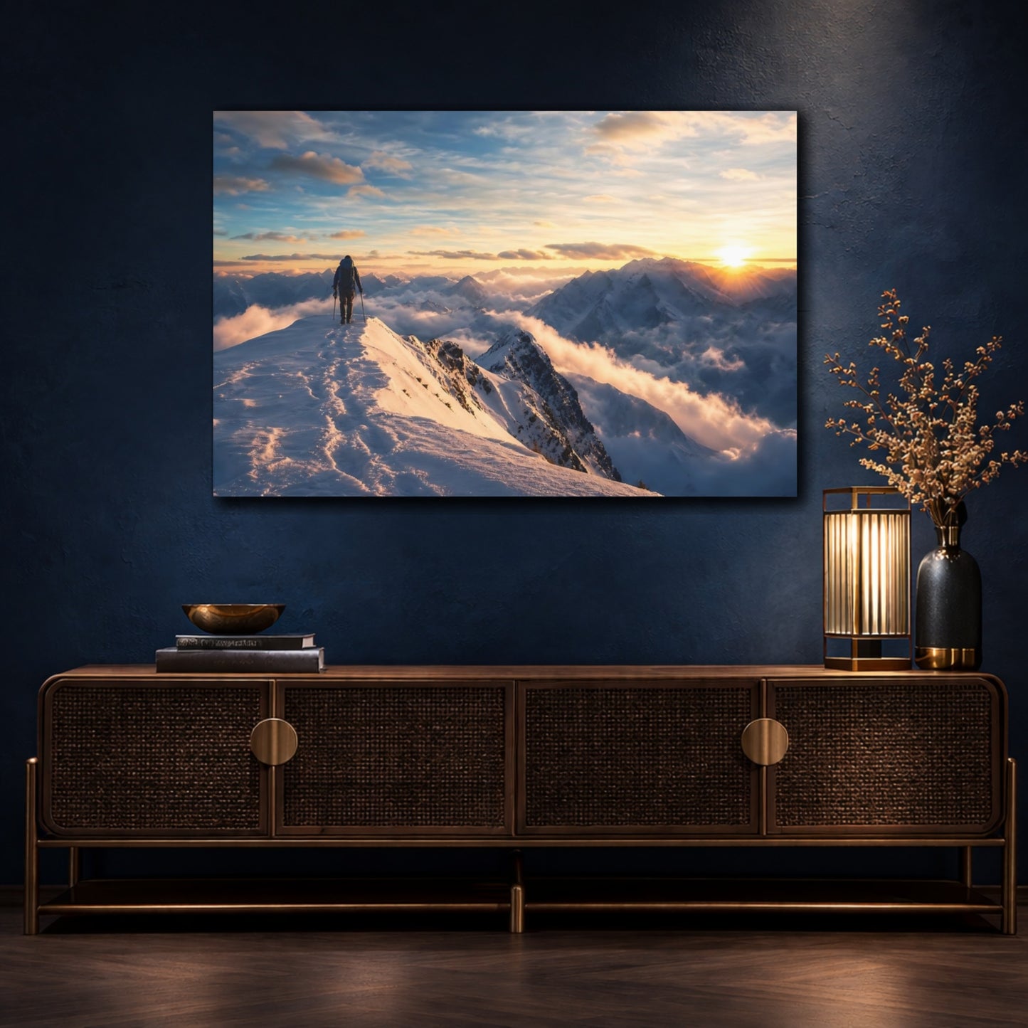 Mockup 4. Nature Mountain Hiker Winter Mountain Sunset shown as stretched canvas wall art