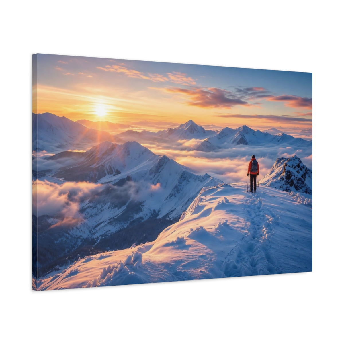 Main Mockup. Nature Mountain Hiker Winter Sunset shown as stretched canvas wall art