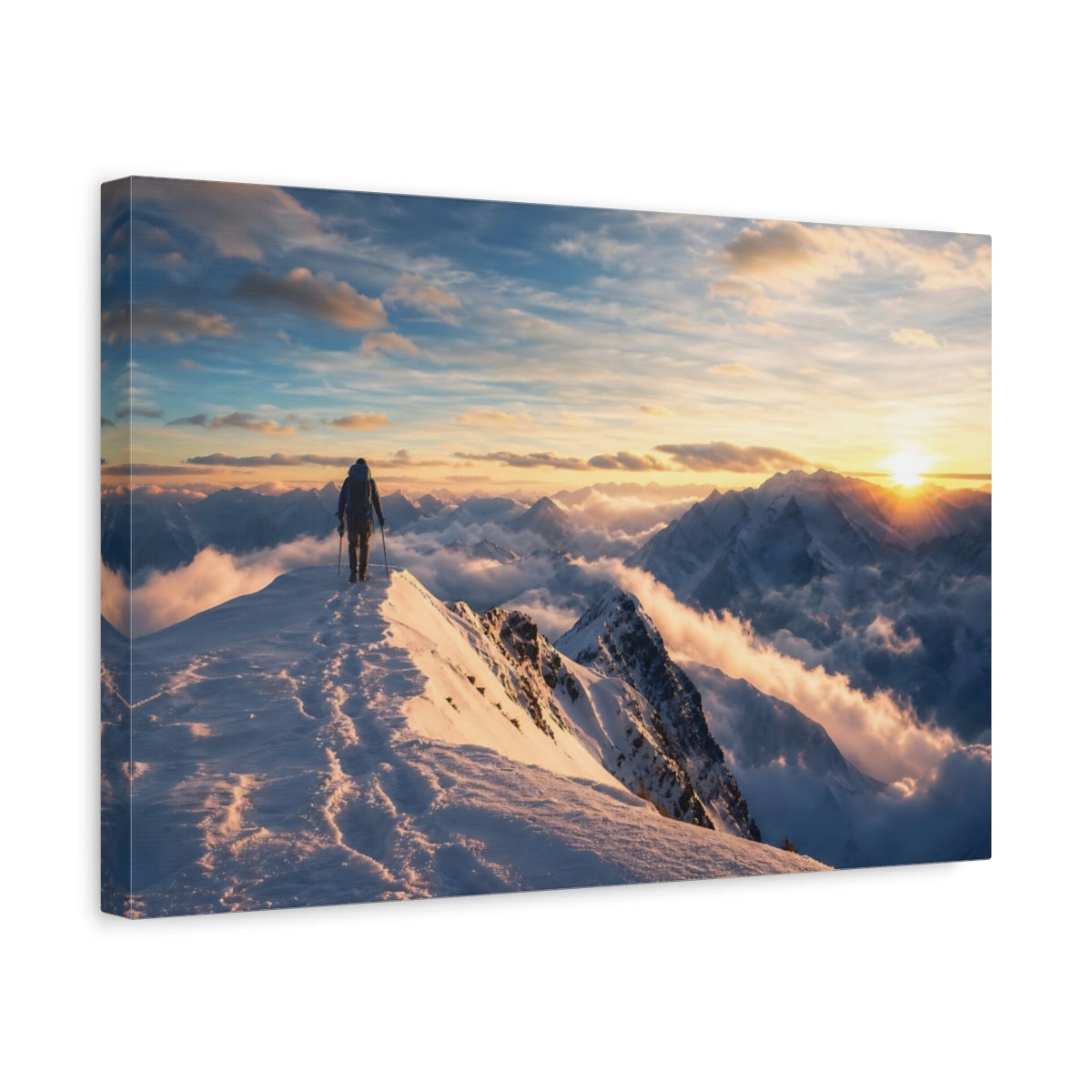 Side Mockup 4. Nature Mountain Hiker Winter Mountain Sunset shown as stretched canvas wall art