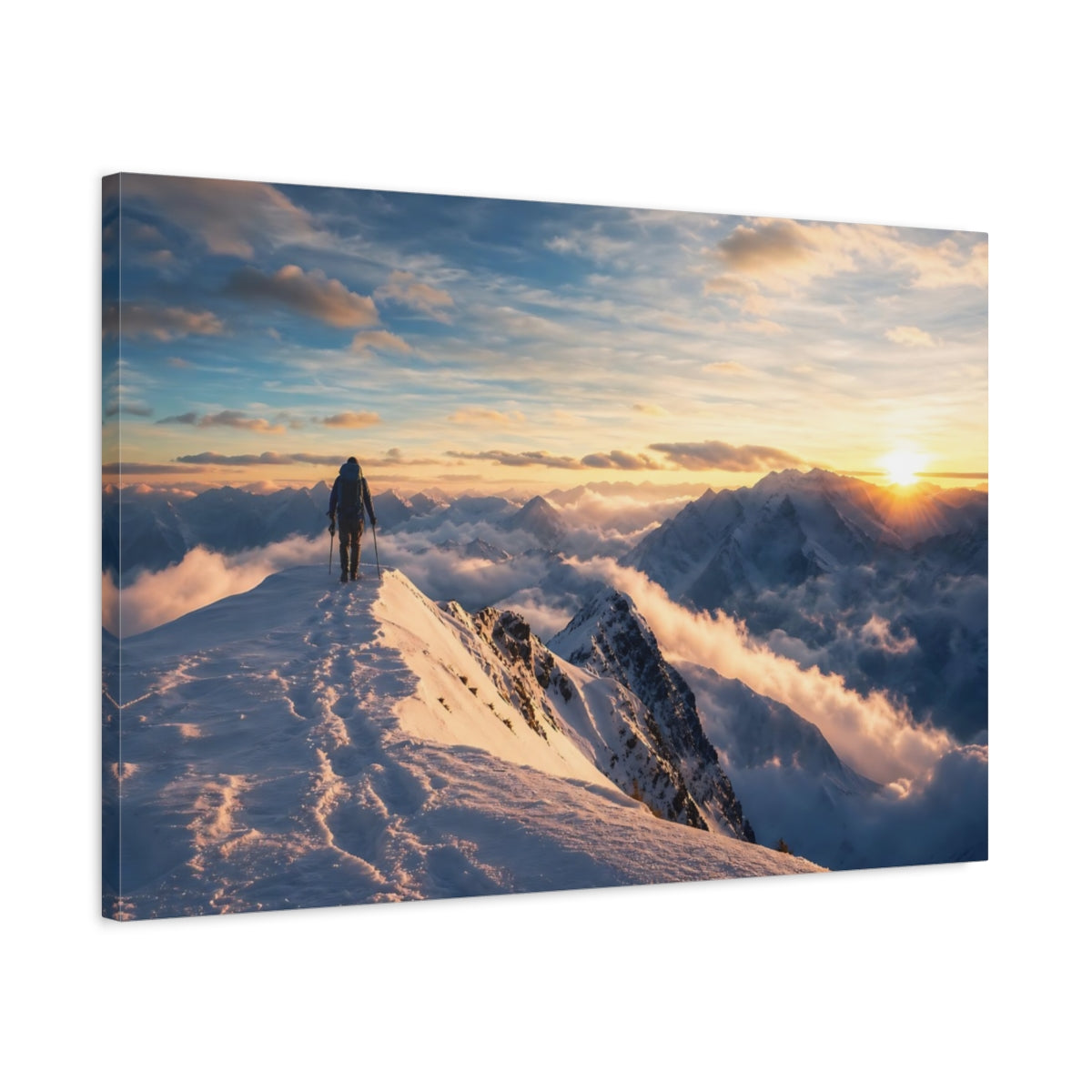 Side Mockup 2. Nature Mountain Hiker Winter Mountain Sunset shown as stretched canvas wall art