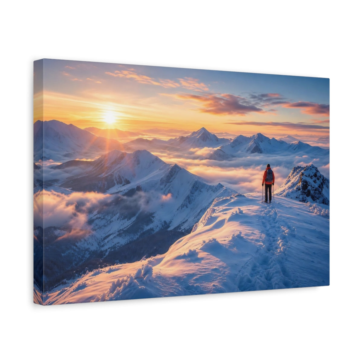 Side Mockup 4. Nature Mountain Hiker Winter Sunset shown as stretched canvas wall art