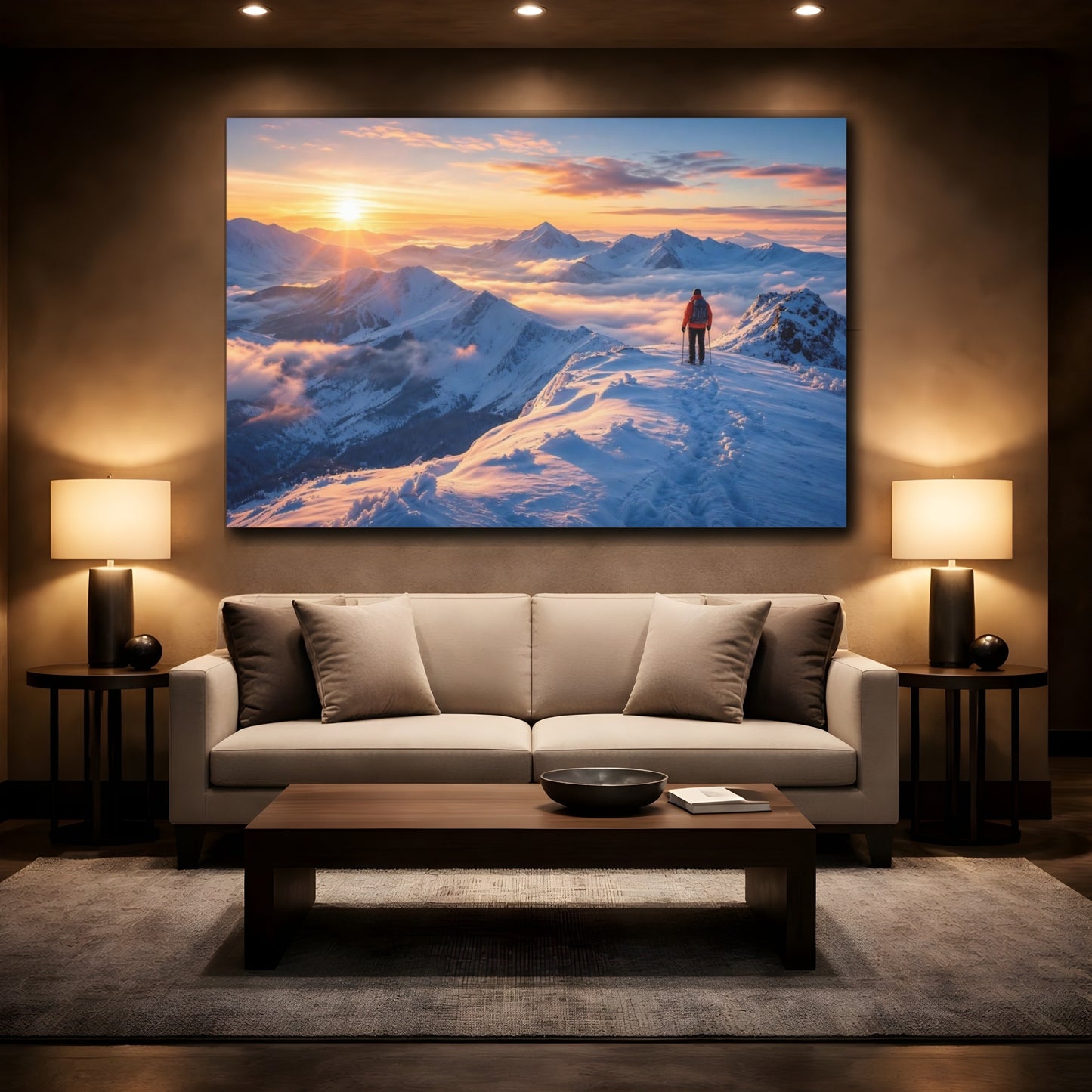 Mockup 2. Nature Mountain Hiker Winter Sunset shown as stretched canvas wall art