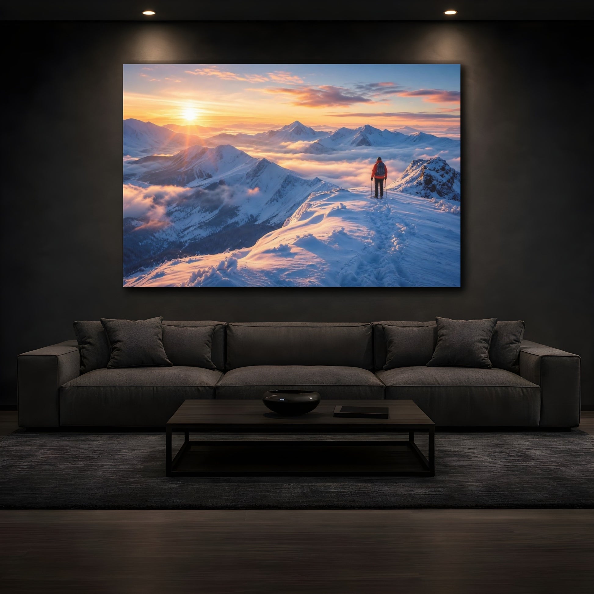 Mockup 3. Nature Mountain Hiker Winter Sunset shown as stretched canvas wall art