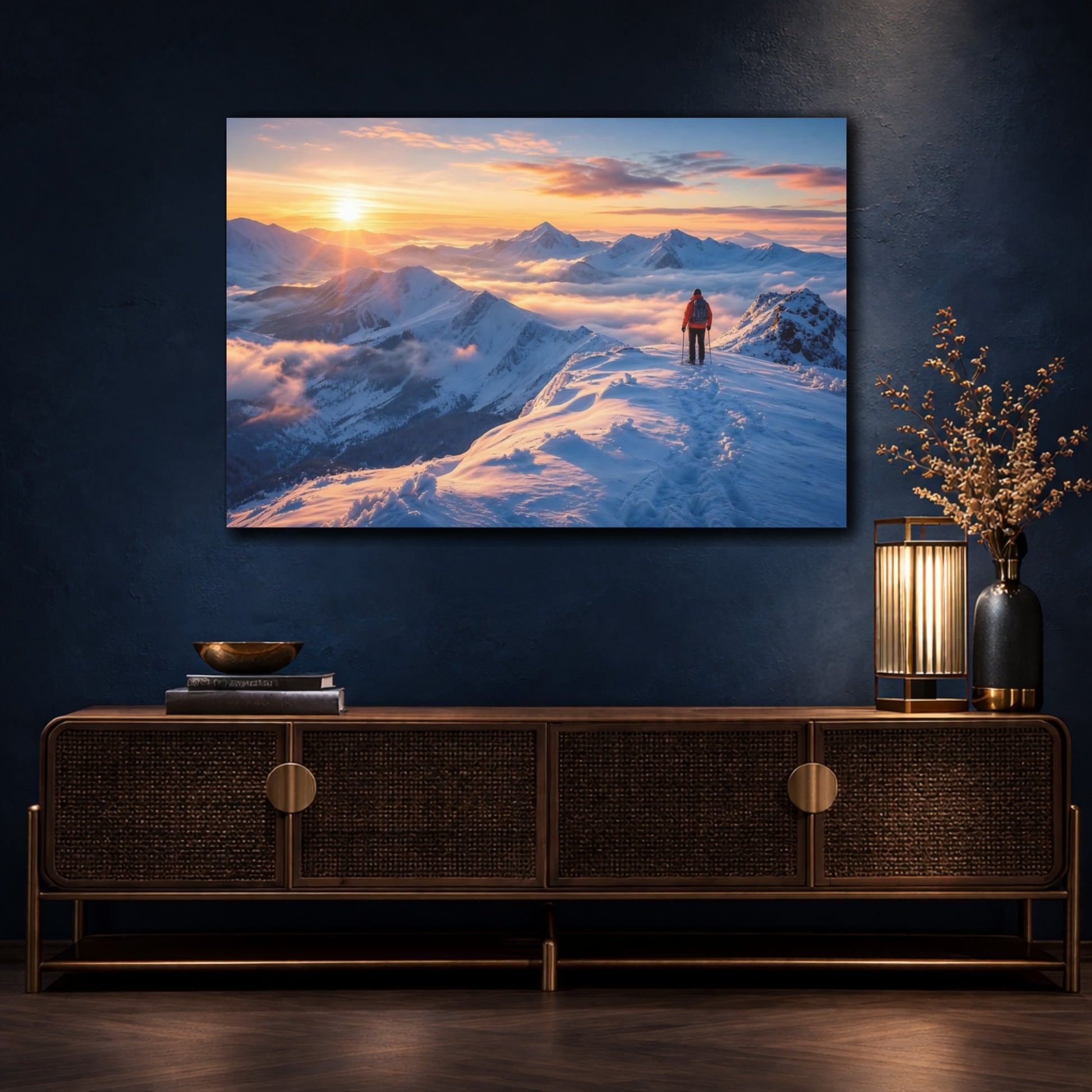 Mockup 4. Nature Mountain Hiker Winter Sunset shown as stretched canvas wall art