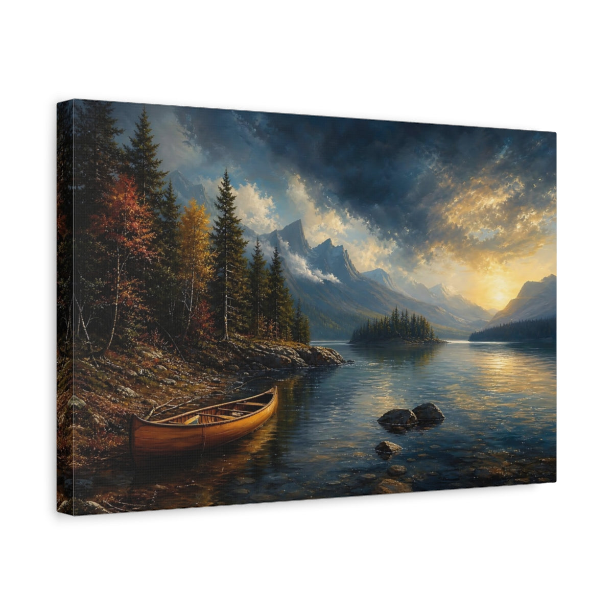 Side Mockup 4. Nature Mountain Lake Autumn Mountain Lake shown as stretched canvas wall art