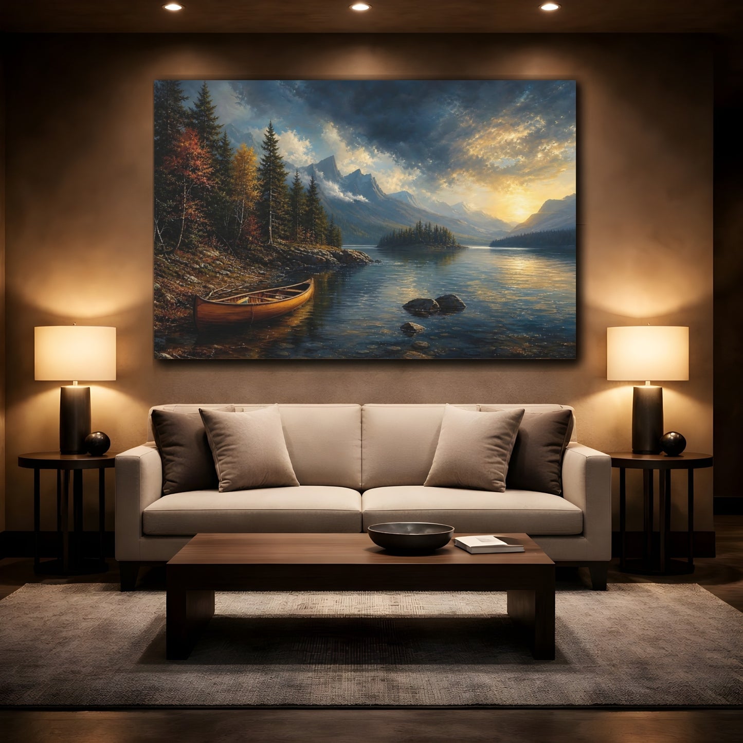 Mockup 2. Nature Mountain Lake Autumn Mountain Lake shown as stretched canvas wall art