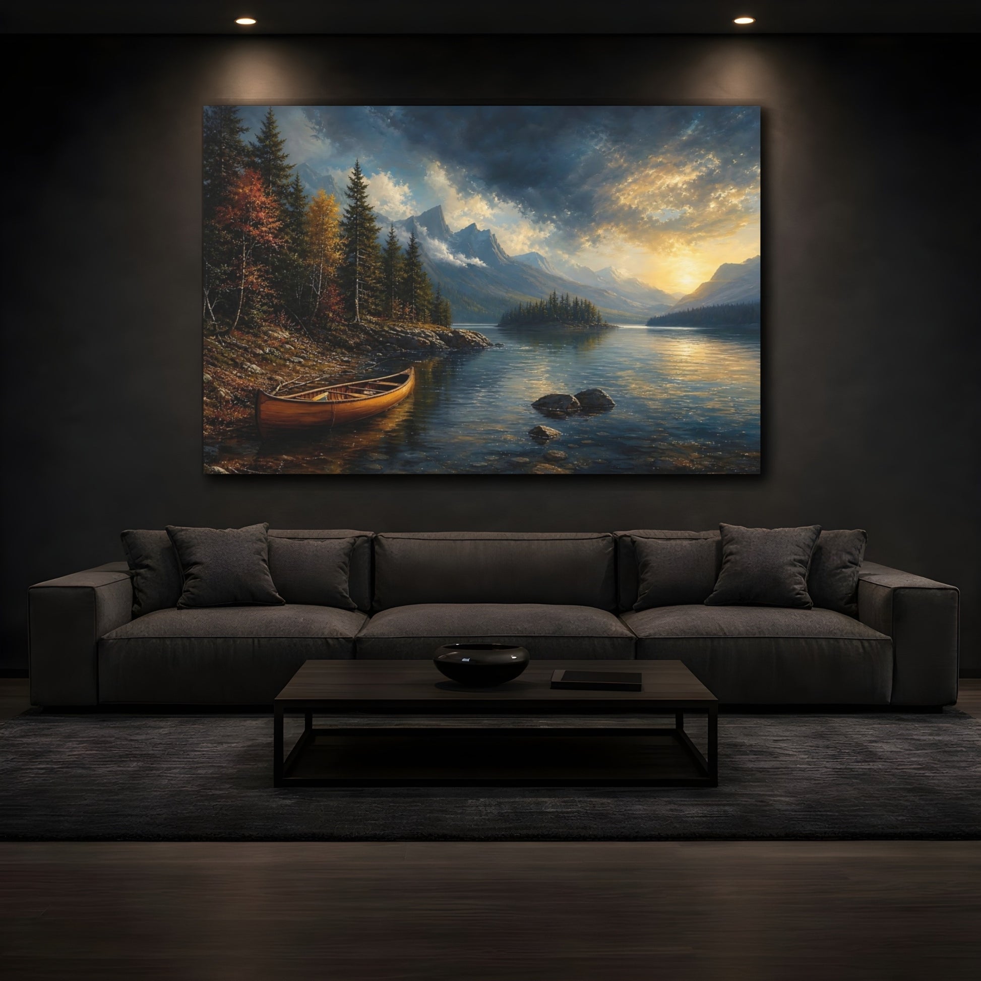 Mockup 3. Nature Mountain Lake Autumn Mountain Lake shown as stretched canvas wall art