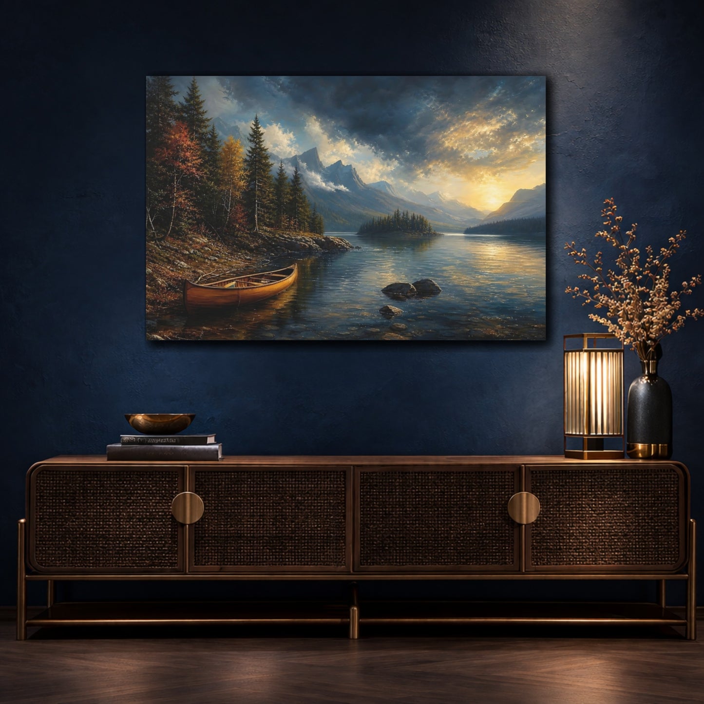 Mockup 4. Nature Mountain Lake Autumn Mountain Lake shown as stretched canvas wall art