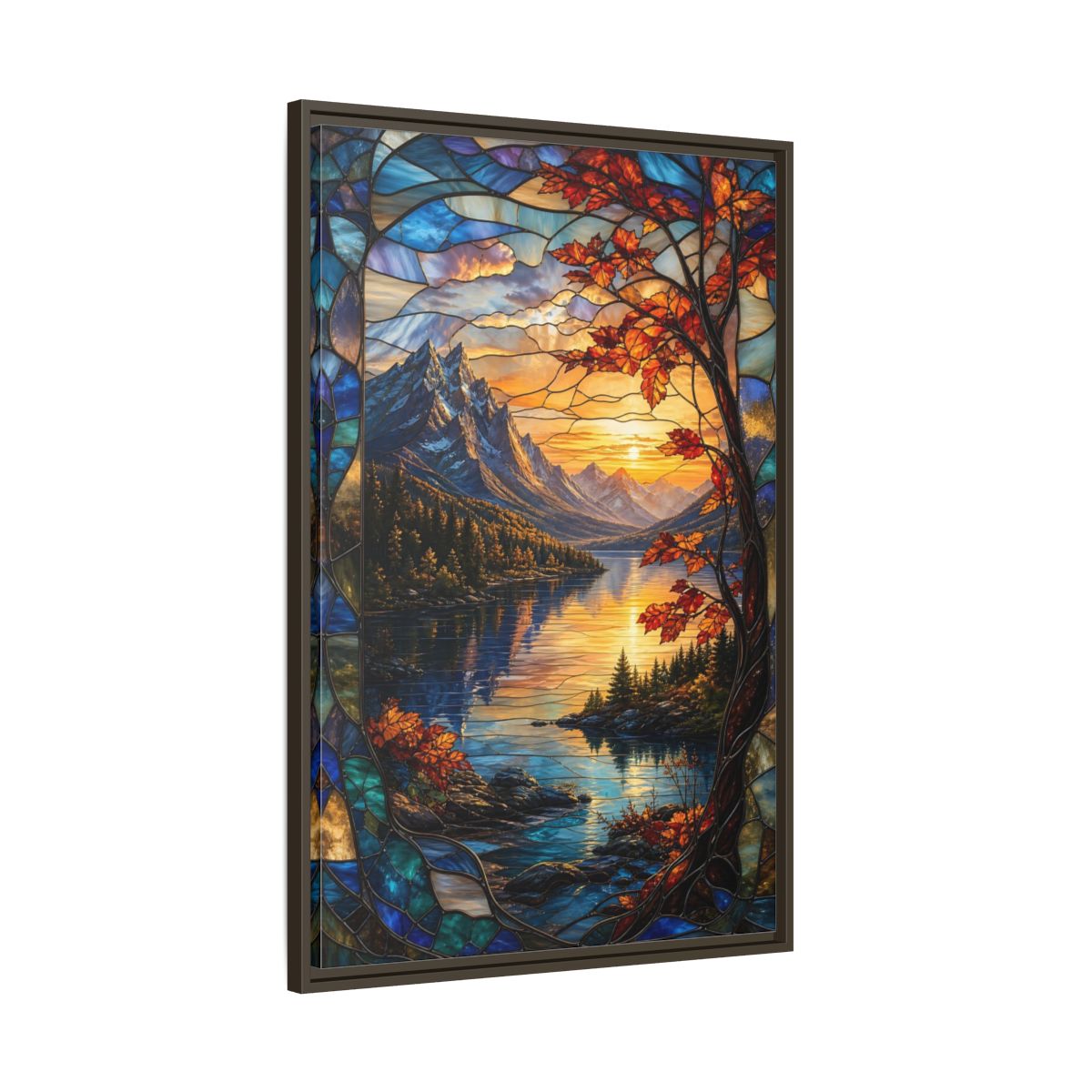 Main Mockup. Nature Mountain Lake Autumn Stained Glass shown as stretched canvas wall art