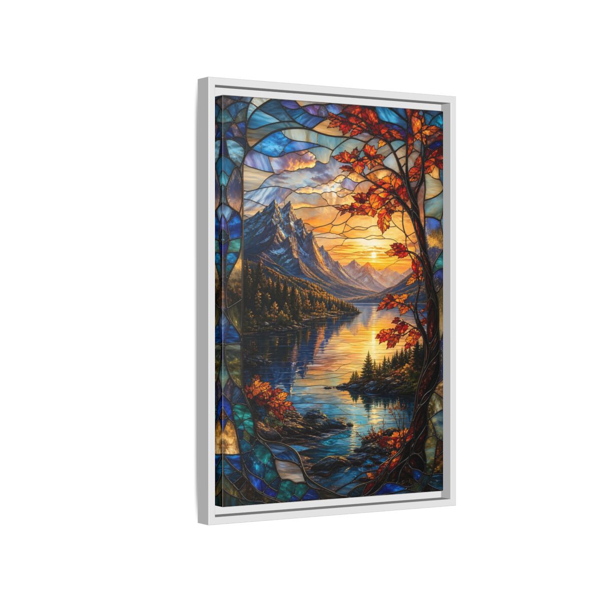 Side Mockup 1. Nature Mountain Lake Autumn Stained Glass shown as stretched canvas wall art