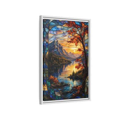 Side Mockup 1. Nature Mountain Lake Autumn Stained Glass shown as stretched canvas wall art