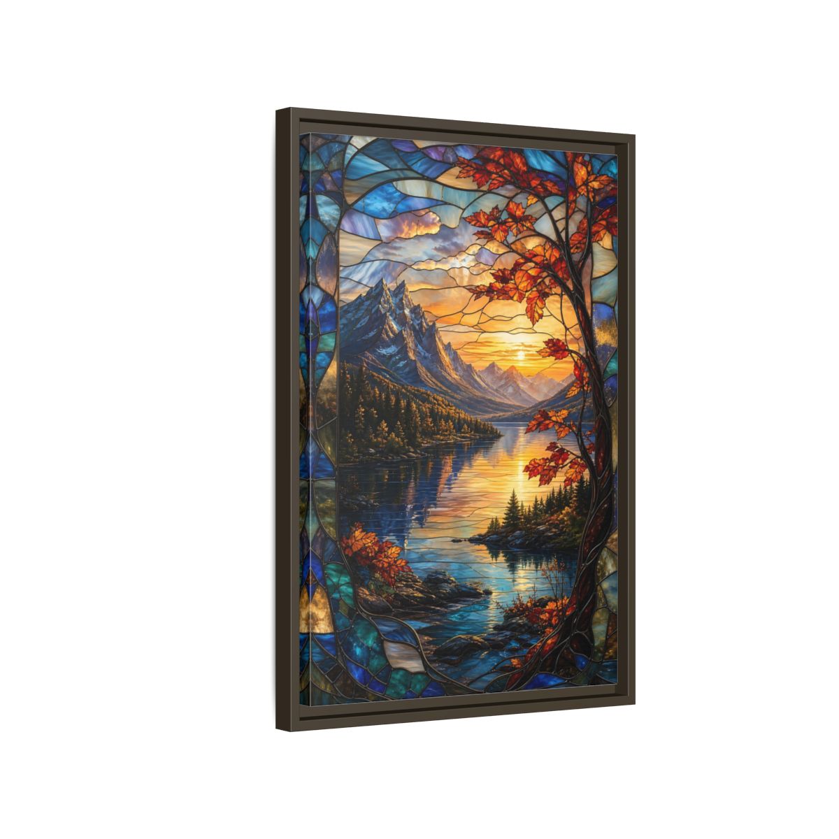 Side Mockup 2. Nature Mountain Lake Autumn Stained Glass shown as stretched canvas wall art