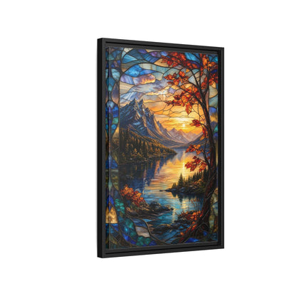 Side Mockup 3. Nature Mountain Lake Autumn Stained Glass shown as stretched canvas wall art