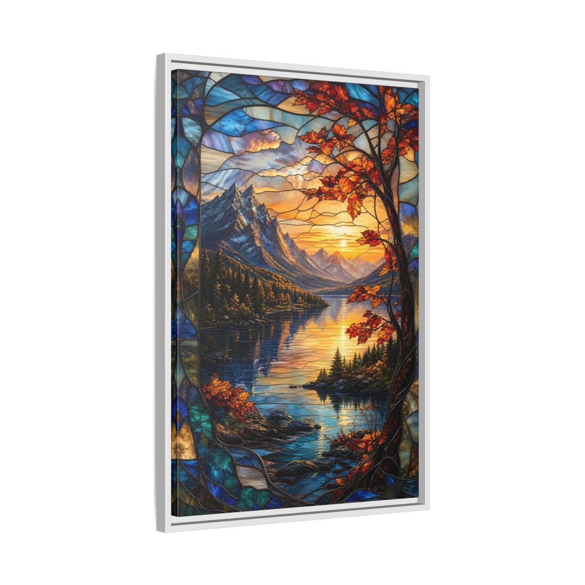 Side Mockup 10. Nature Mountain Lake Autumn Stained Glass shown as stretched canvas wall art