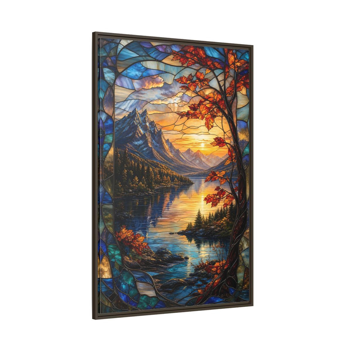 Side Mockup 8. Nature Mountain Lake Autumn Stained Glass shown as stretched canvas wall art