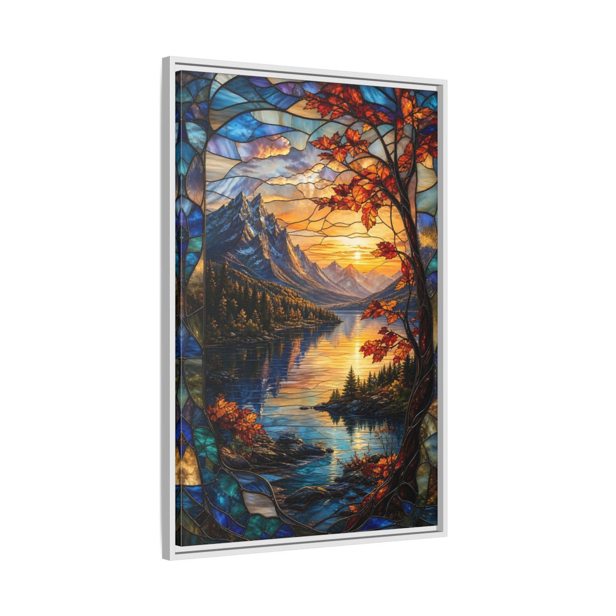 Side Mockup 9. Nature Mountain Lake Autumn Stained Glass shown as stretched canvas wall art
