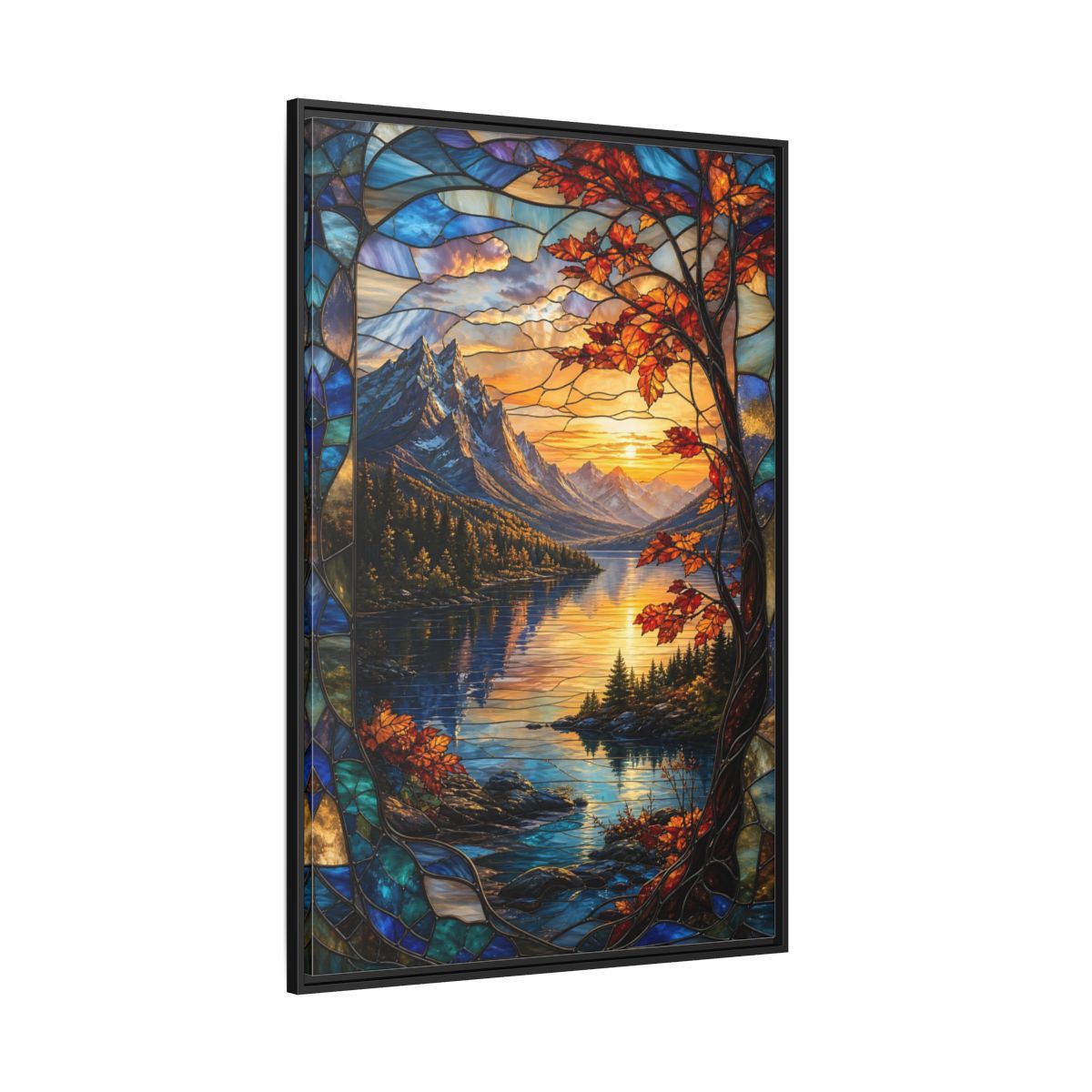 Side Mockup 12. Nature Mountain Lake Autumn Stained Glass shown as stretched canvas wall art
