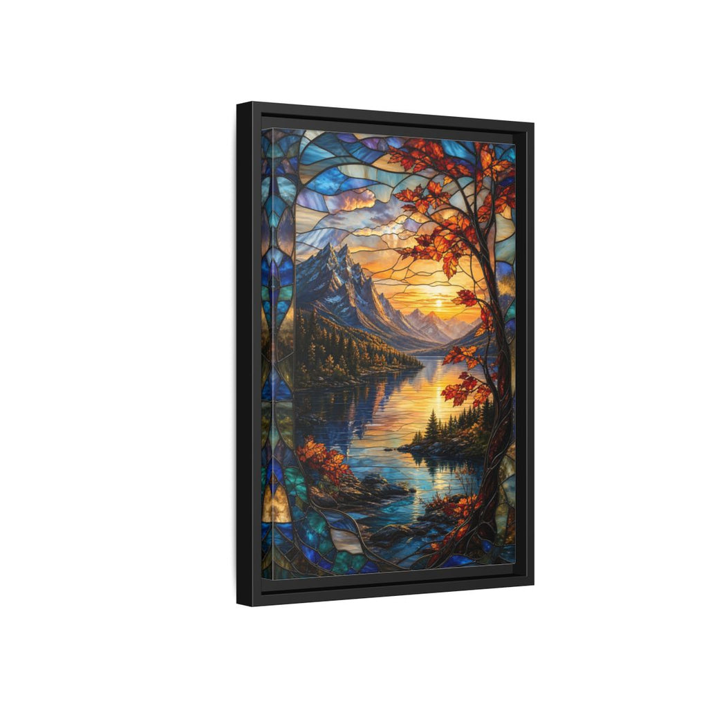 Side Mockup 6. Nature Mountain Lake Autumn Stained Glass shown as stretched canvas wall art