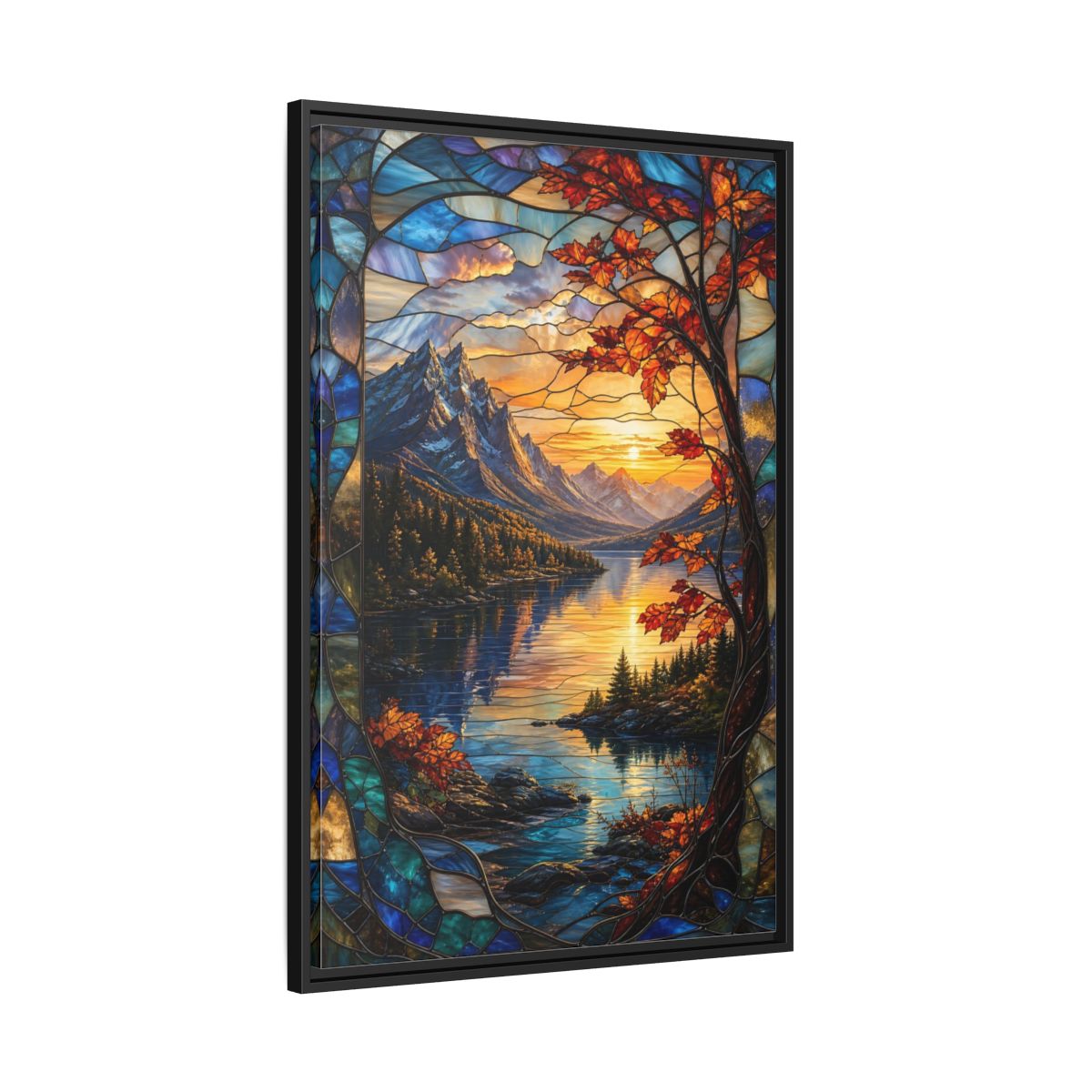 Side Mockup 13. Nature Mountain Lake Autumn Stained Glass shown as stretched canvas wall art