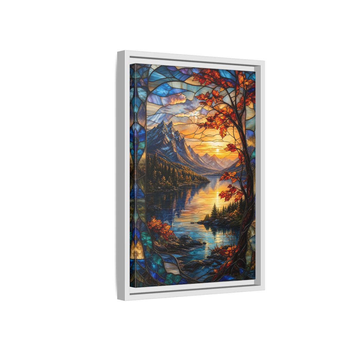 Side Mockup 4. Nature Mountain Lake Autumn Stained Glass shown as stretched canvas wall art