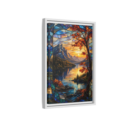 Side Mockup 4. Nature Mountain Lake Autumn Stained Glass shown as stretched canvas wall art