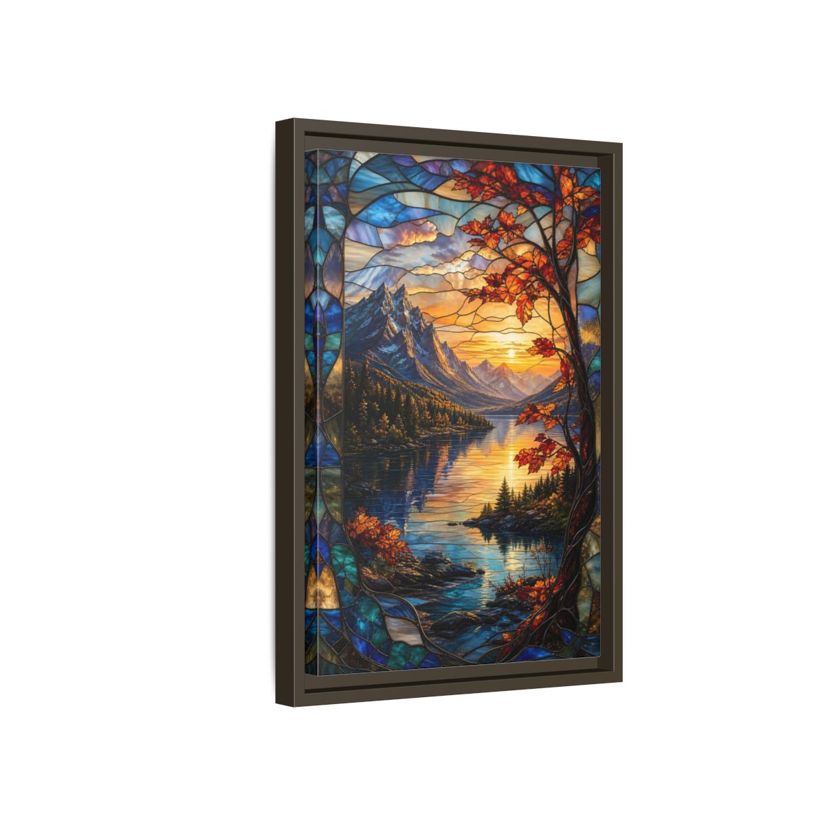 Side Mockup 5. Nature Mountain Lake Autumn Stained Glass shown as stretched canvas wall art