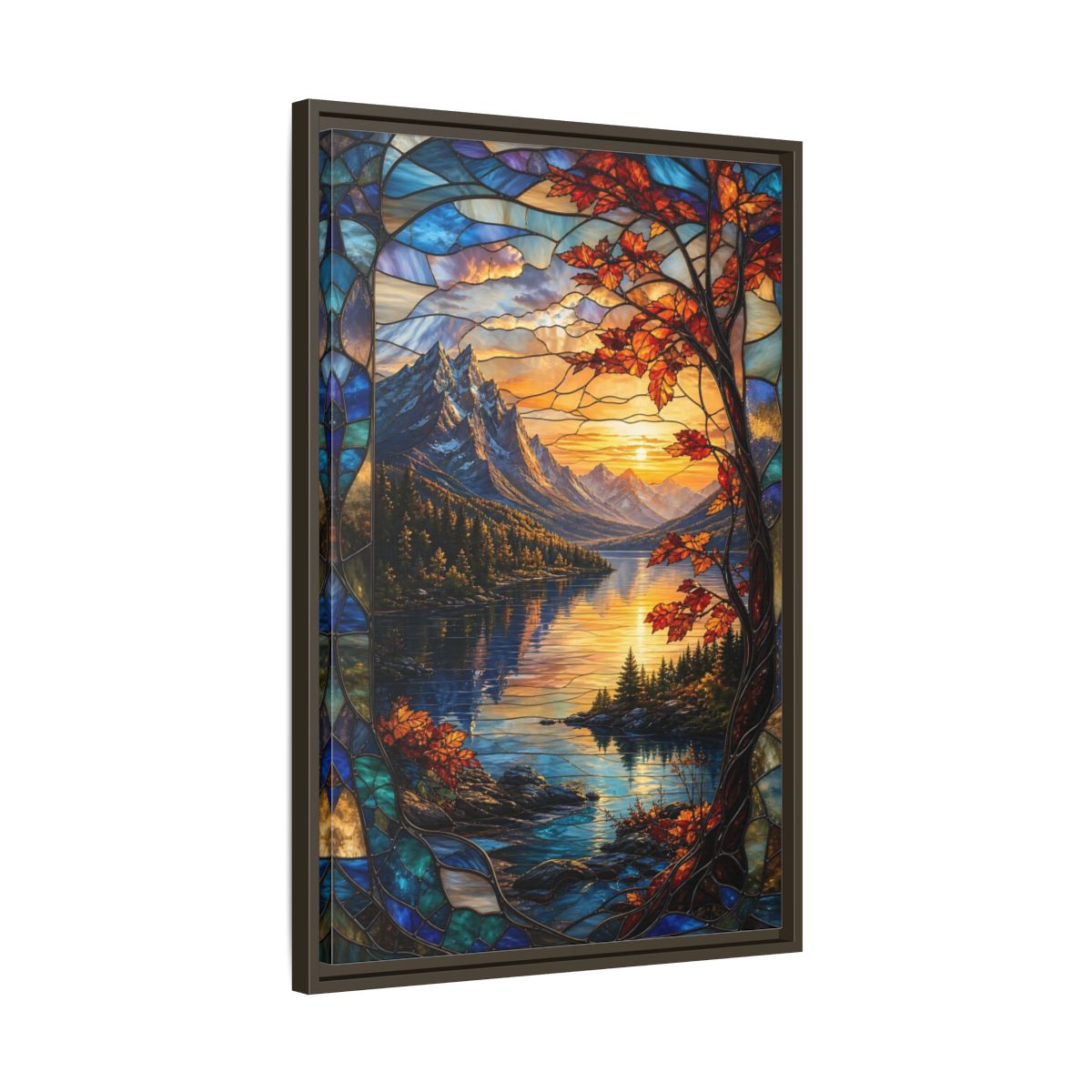 Side Mockup 11. Nature Mountain Lake Autumn Stained Glass shown as stretched canvas wall art