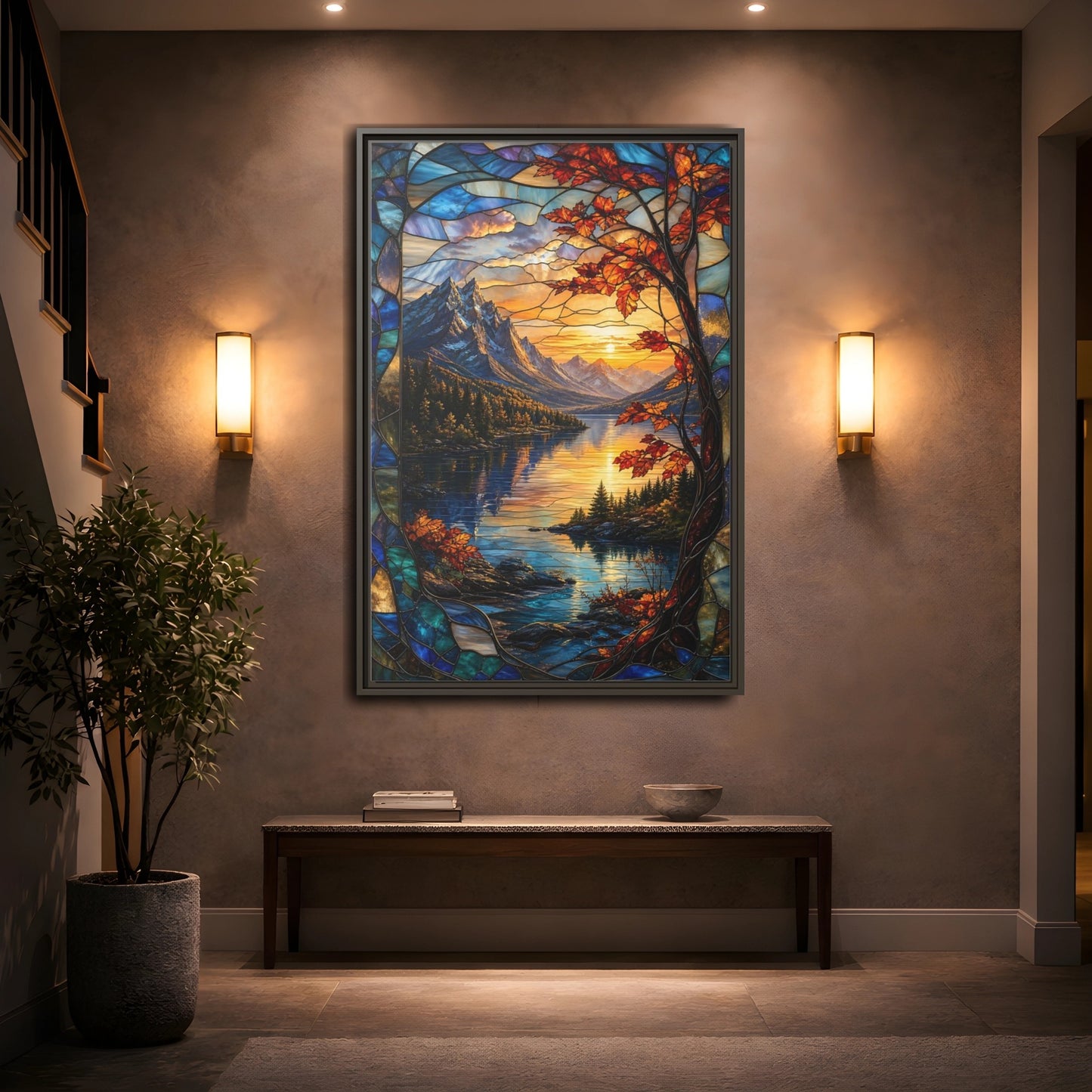 Mockup 2. Nature Mountain Lake Autumn Stained Glass shown as stretched canvas wall art