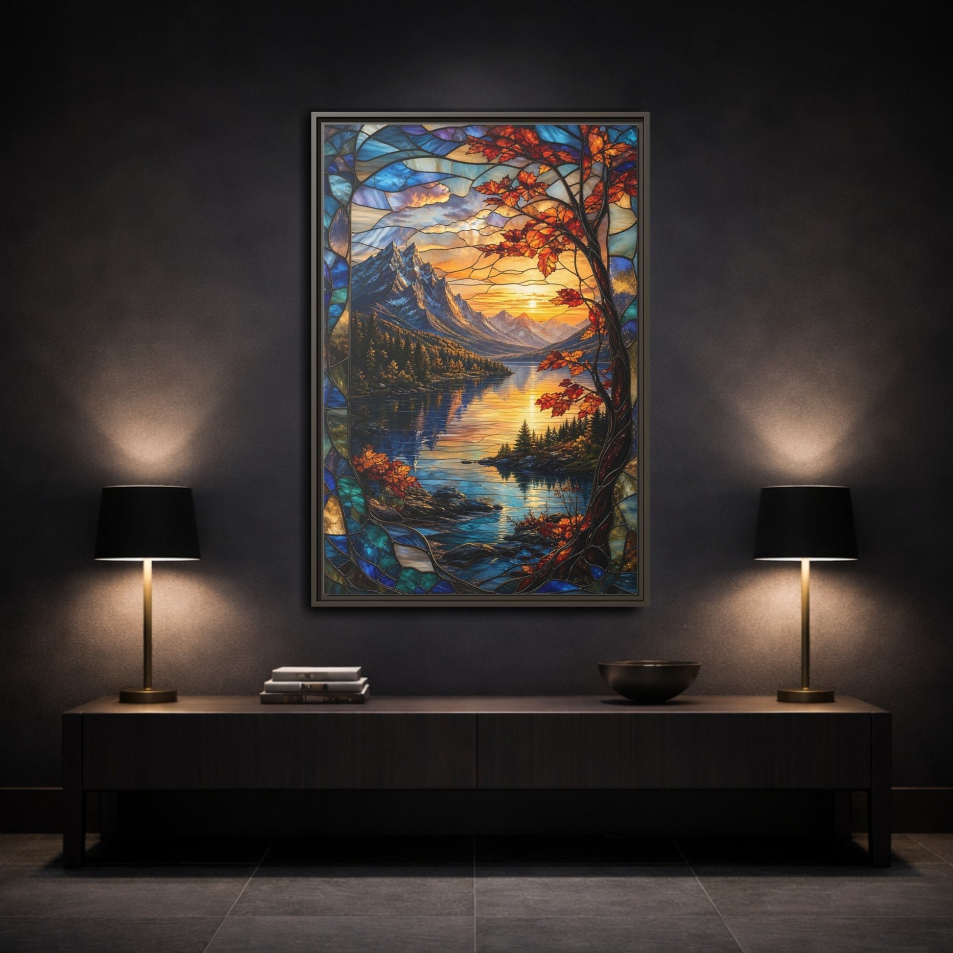 Mockup 3. Nature Mountain Lake Autumn Stained Glass shown as stretched canvas wall art