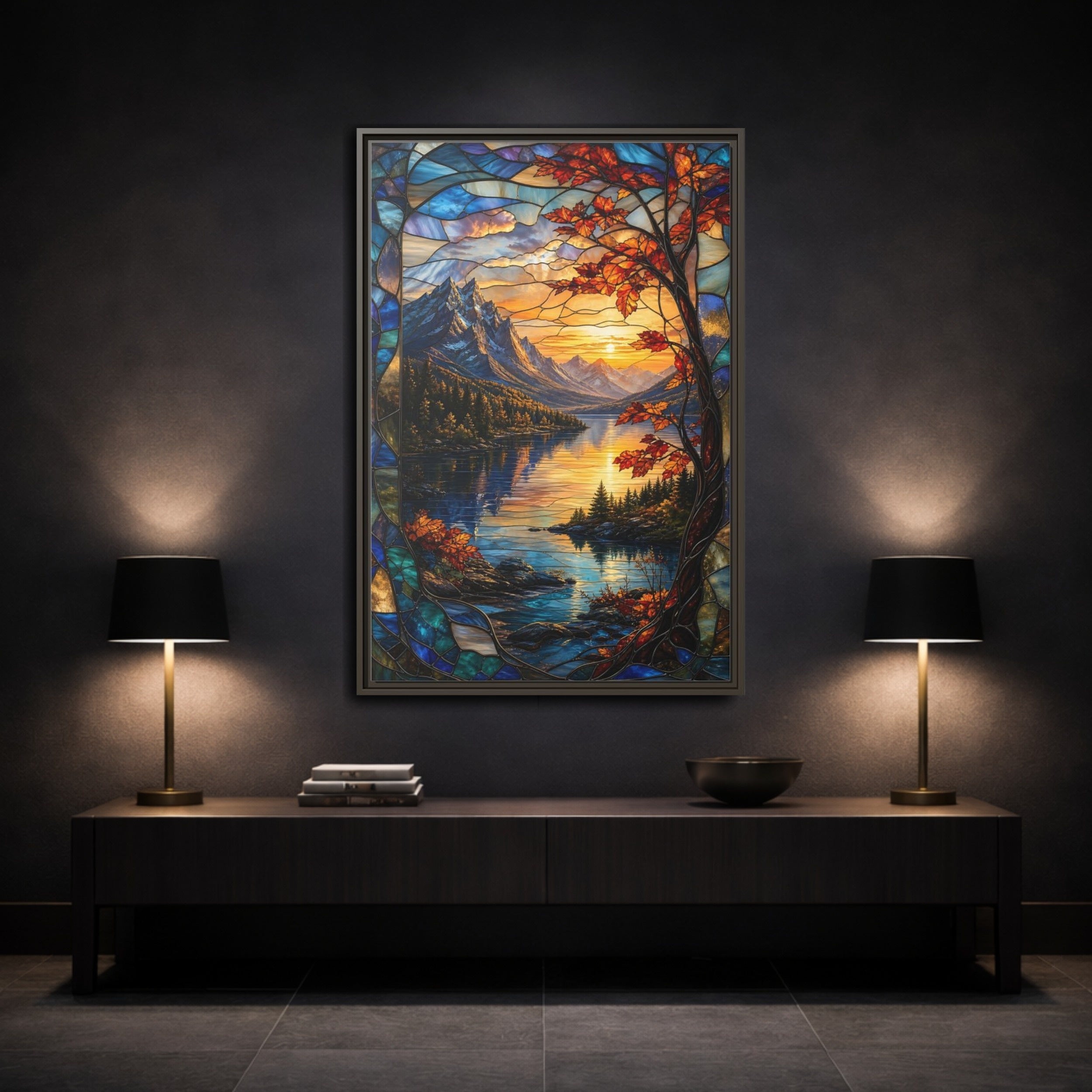 Mockup 3. Nature Mountain Lake Autumn Stained Glass shown as stretched canvas wall art