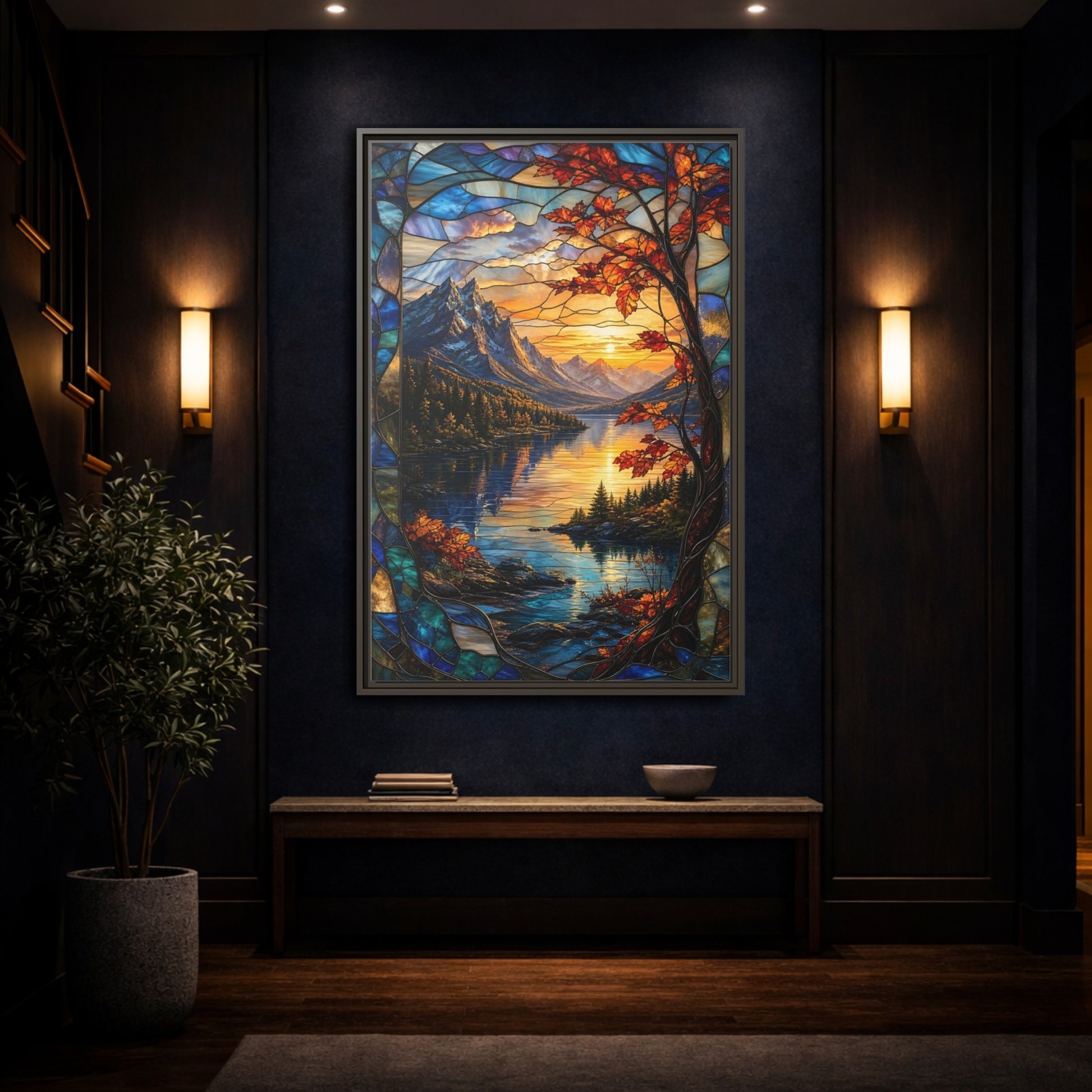 Mockup 4. Nature Mountain Lake Autumn Stained Glass shown as stretched canvas wall art
