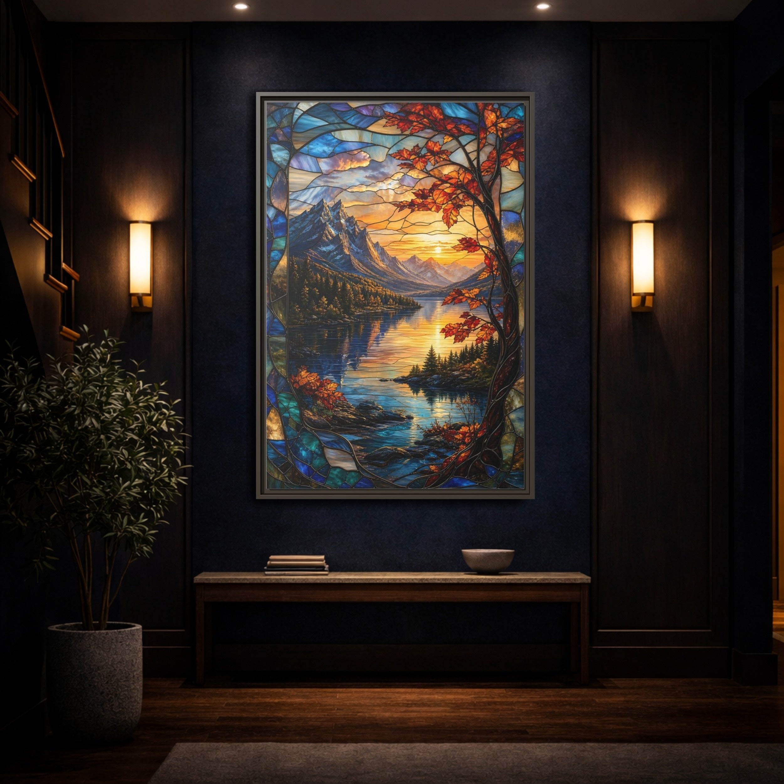 Mockup 4. Nature Mountain Lake Autumn Stained Glass shown as stretched canvas wall art