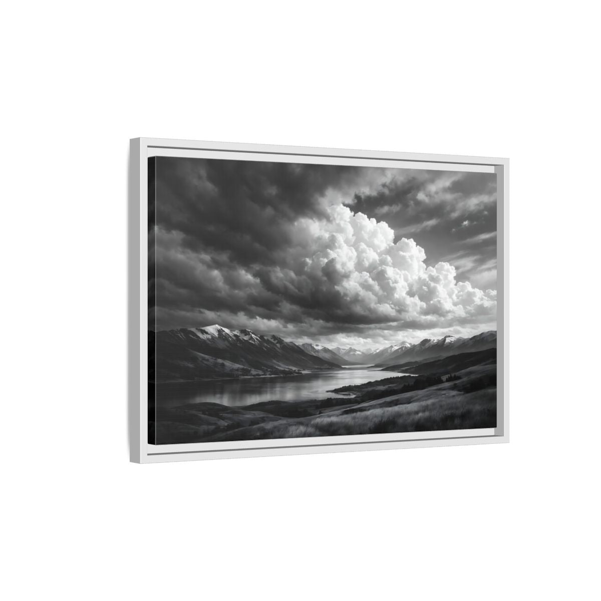 Side Mockup 1. Nature Mountain Lake Black White Mountains shown as stretched canvas wall art