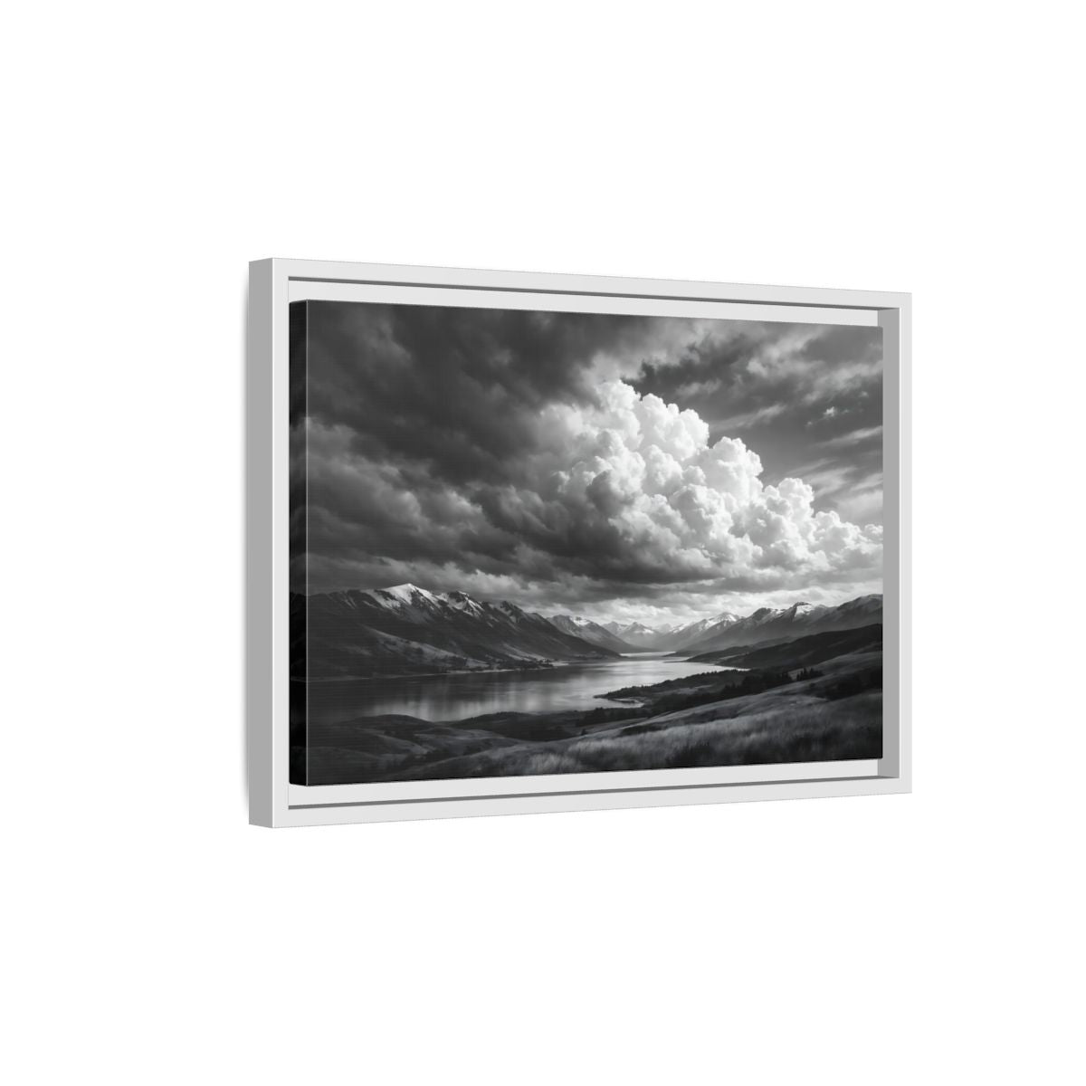 Side Mockup 4. Nature Mountain Lake Black White Mountains shown as stretched canvas wall art