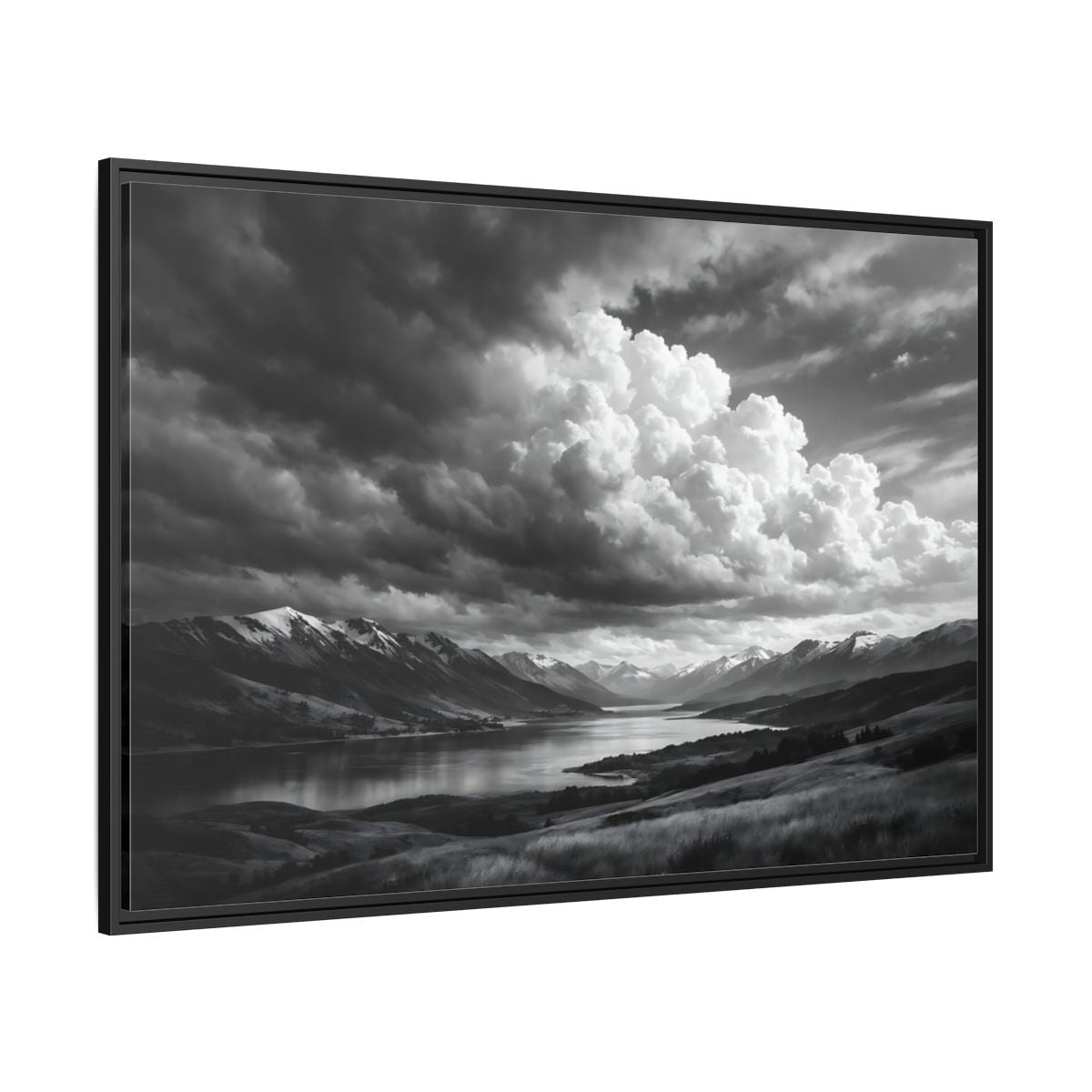 Side Mockup 12. Nature Mountain Lake Black White Mountains shown as stretched canvas wall art
