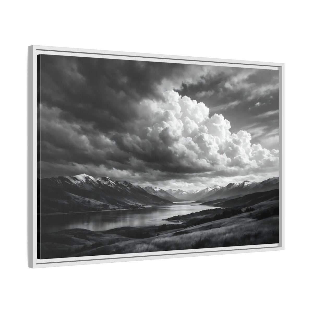 Side Mockup 9. Nature Mountain Lake Black White Mountains shown as stretched canvas wall art