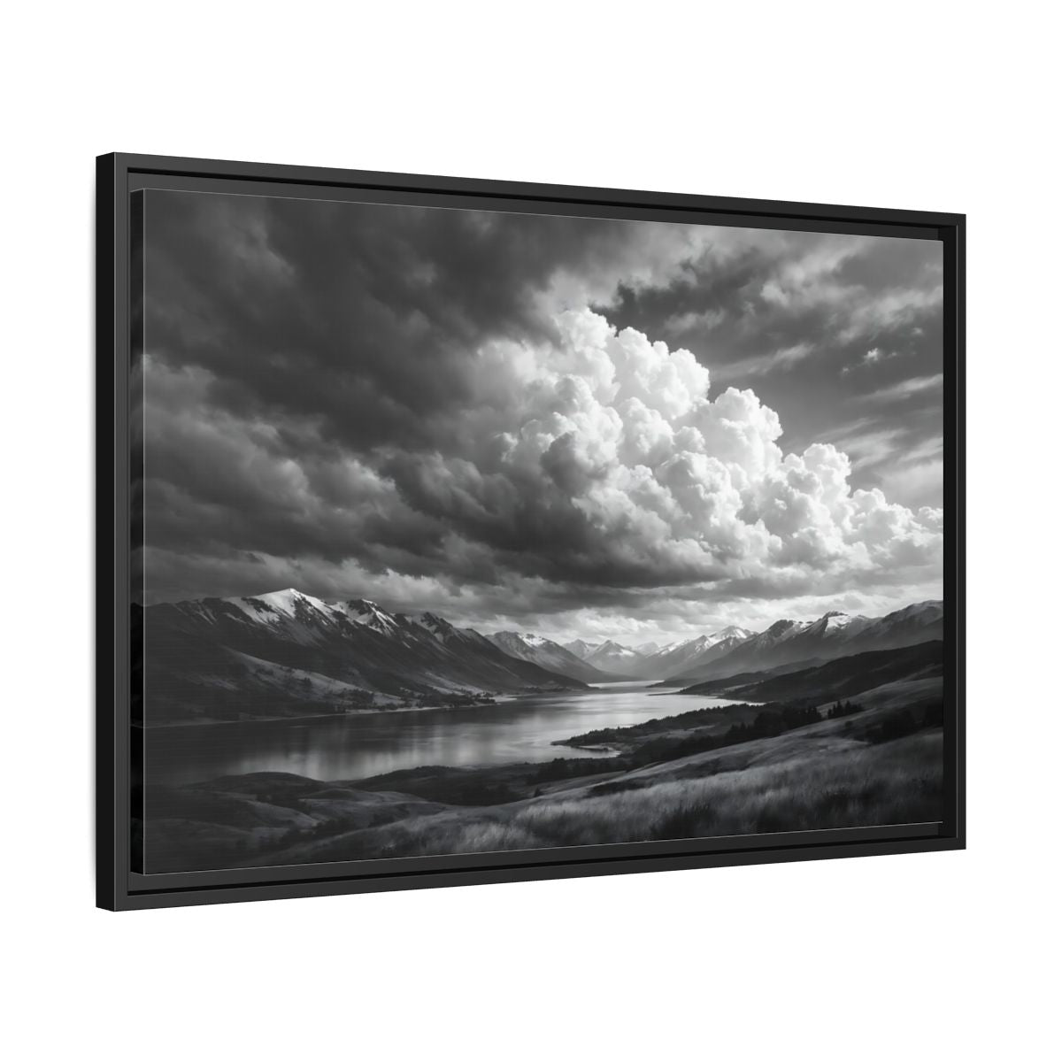 Side Mockup 14. Nature Mountain Lake Black White Mountains shown as stretched canvas wall art