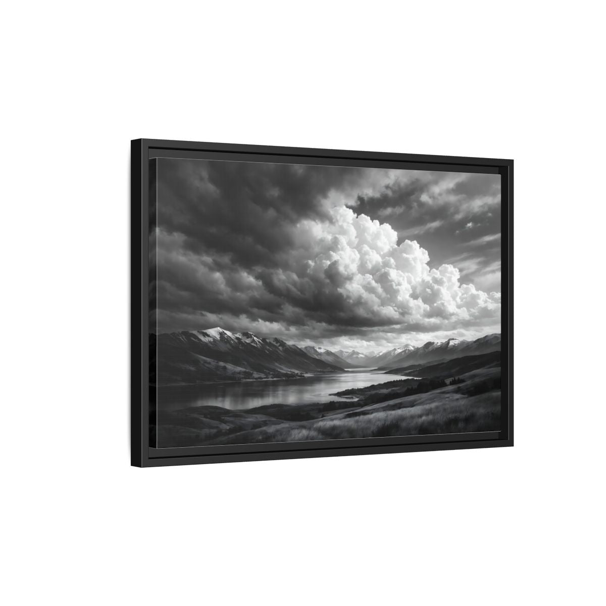 Side Mockup 3. Nature Mountain Lake Black White Mountains shown as stretched canvas wall art